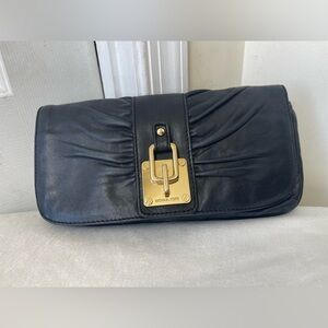 Michael Kors Black Leather Clutch with Gold Accent EUC